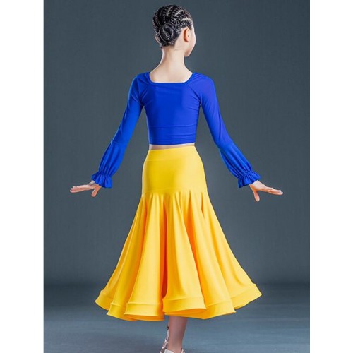 Girls kids royal blue with yellow ballroom dance dresses modern dance long length skirt for children tango foxtort stage performance ballroom dance outfits